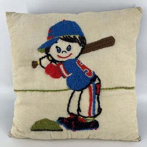 Vintage Little Boy with Baseball Bat Pillow Crewel Embroidery Playing Ball